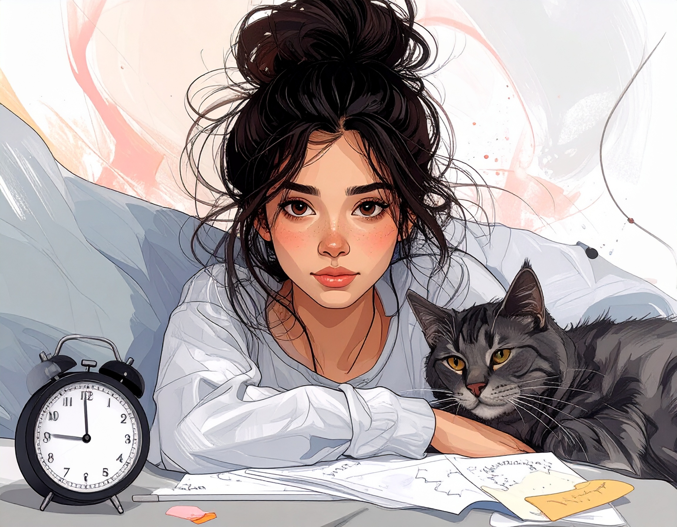 A flat-style cartoon illustration of a relatable young woman with messy hair in a top bun, wearing comfy clothes, sitting at a desk with a timer, a laptop, and sticky notes around her. She looks focused but slightly chaotic—in a cute, ADHD way. A cup of coffee sits nearby, and a cat naps on the desk. The background is soft and colourful, with abstract swirls and sparkles to show movement and bursts of energy. Style is warm, lighthearted, and ADHD-friendly—ideal for a blog post header. No harsh lines, pastel palette, and a gentle, empowering vibe.