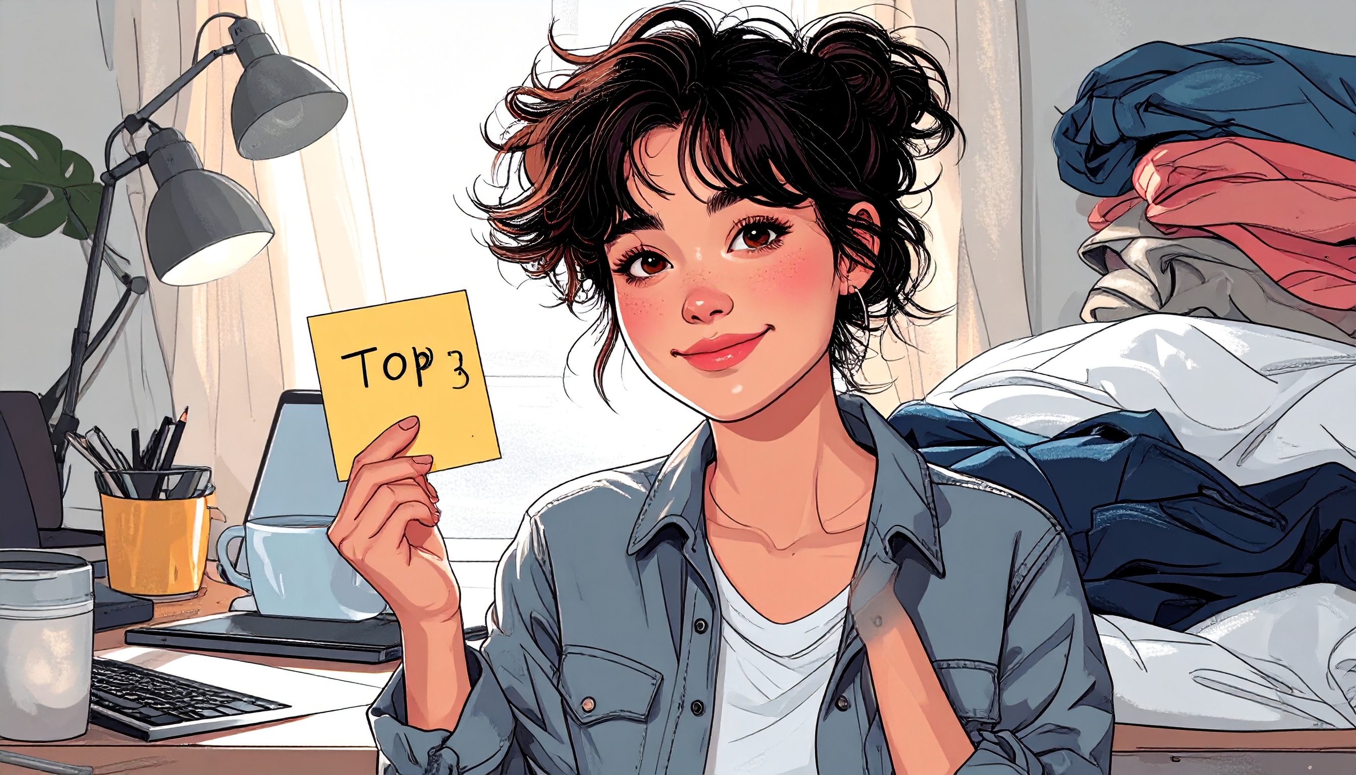a slightly frazzled but smiling person with ADHD, holding a sticky note with “Top 3” tasks while standing in front of a neat desk and chaotic background (piles of laundry, open tabs, coffee cups). Their outfit is tidy but a little mismatched. The vibe is “I’m holding it together… kinda.” Use soft colours, playful mood, and warm lighting.