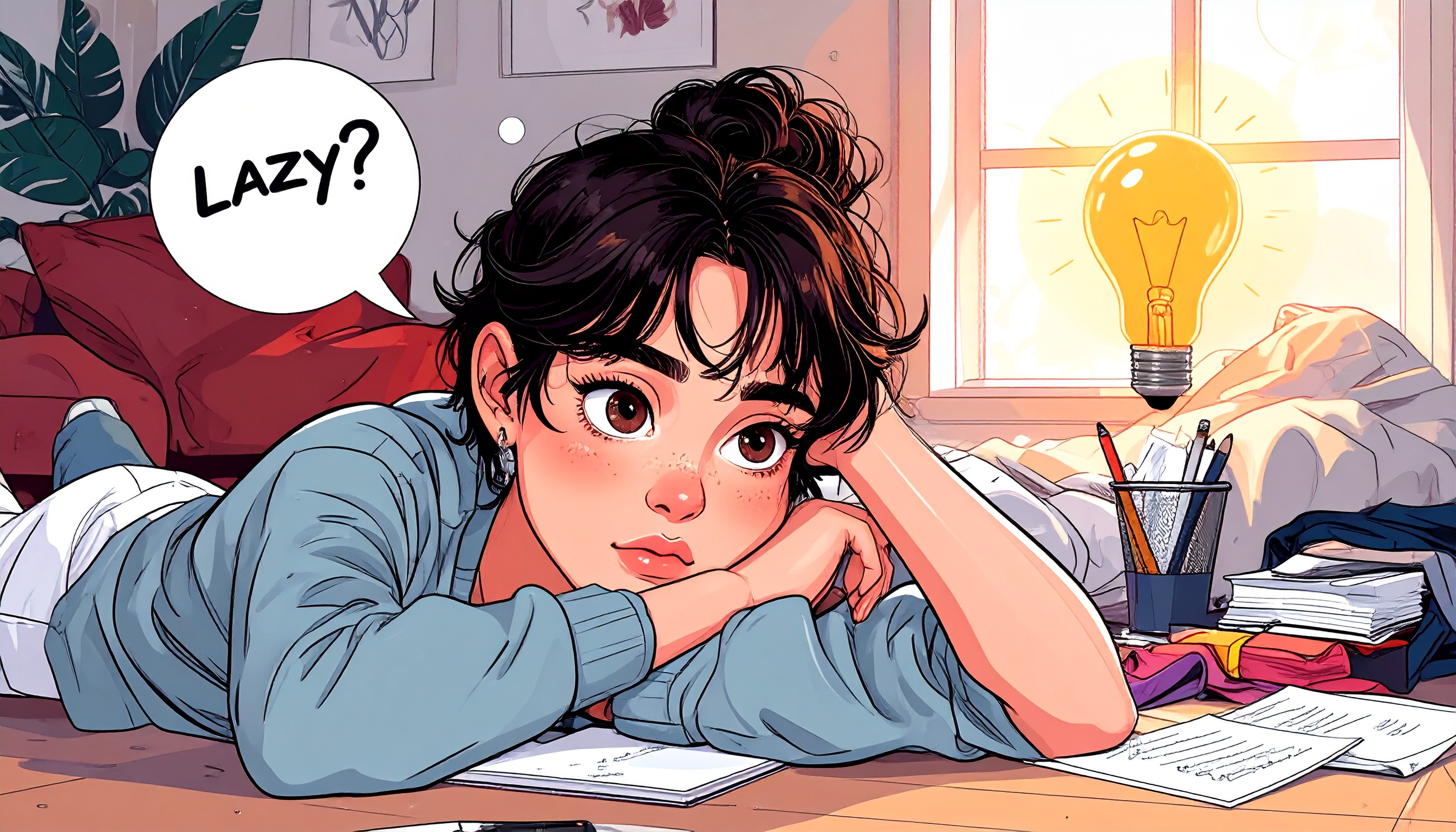 a person slumped on the floor in comfy clothes, surrounded by a messy room and a looming to-do list. Their eyes show overwhelm, not apathy. Floating above them are symbols of shame (e.g., a speech bubble saying “lazy?”) and a lightbulb gently glowing next to their head, symbolising misunderstood executive dysfunction. The overall tone is soft, emotional, and validating—with warm, neurodivergent-friendly colours.