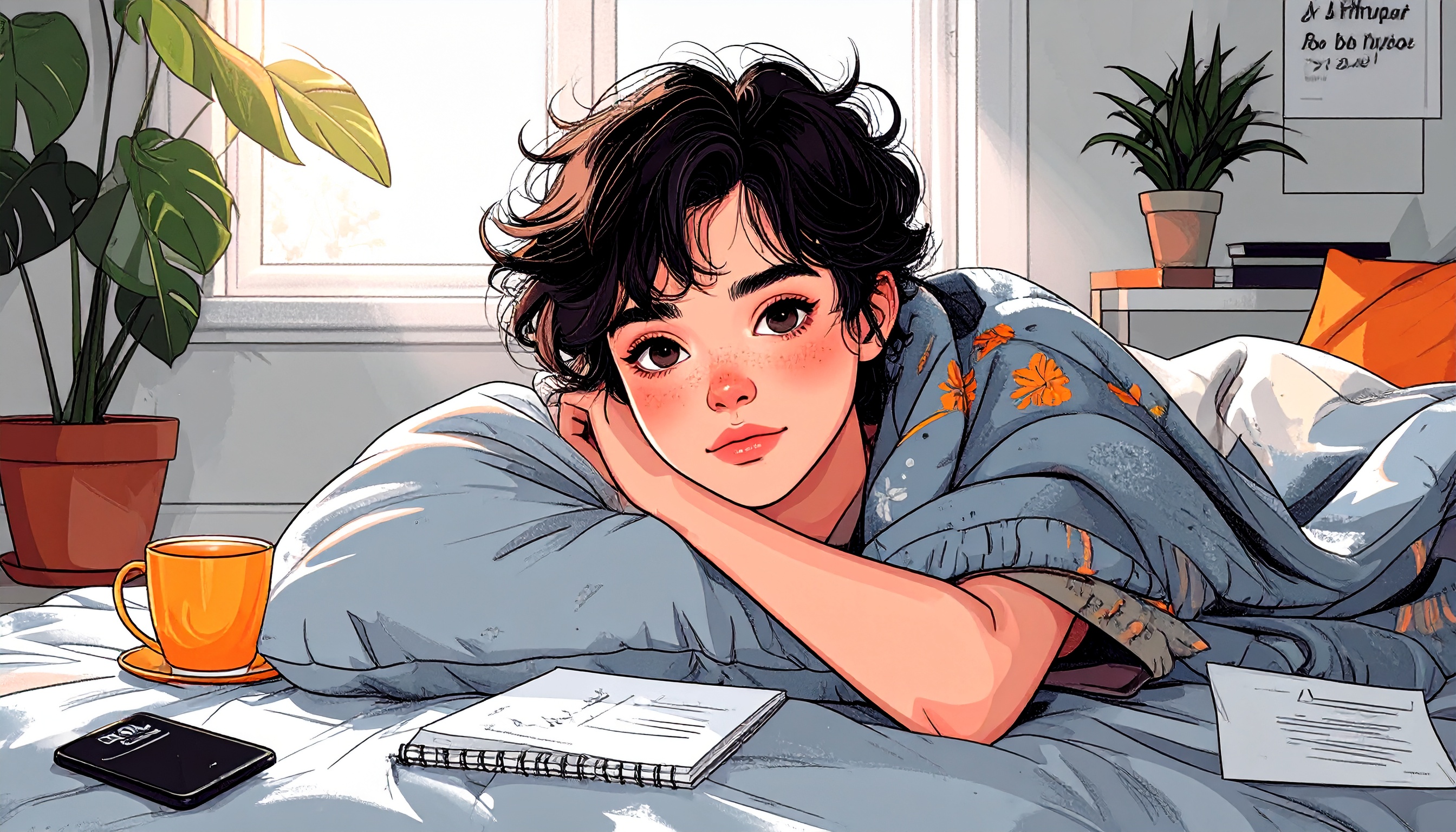 a person with ADHD curled up on the floor or couch, wrapped in a blanket, surrounded by signs of burnout: scattered to-do lists, unread messages, half-finished tasks. Their eyes are open, but tired—more foggy than sad. Around them are gentle symbols of support: a cup of tea, a phone showing a supportive text, a tiny plant, and sunlight peeking through a window. The mood is quiet, soft, and validating—burnout, not laziness.