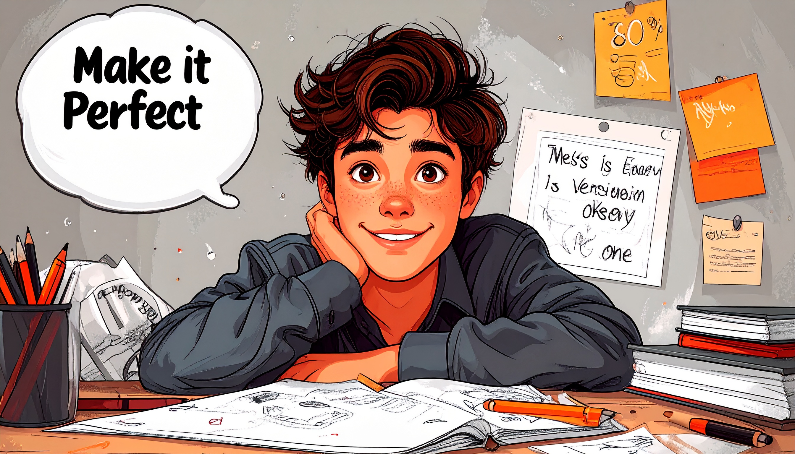 Flat-style cartoon of a person with ADHD surrounded by scattered sketches, messy notes, and unfinished projects. They look frozen at first, overwhelmed by a blinking “Make it perfect” thought bubble. In the next frame (or beside them), they’ve posted something messy but are smiling in relief. Around them are soft affirmations like “80% is enough,” “Messy is okay,” and “This is version one.” Use playful, hopeful colours and a validating tone.