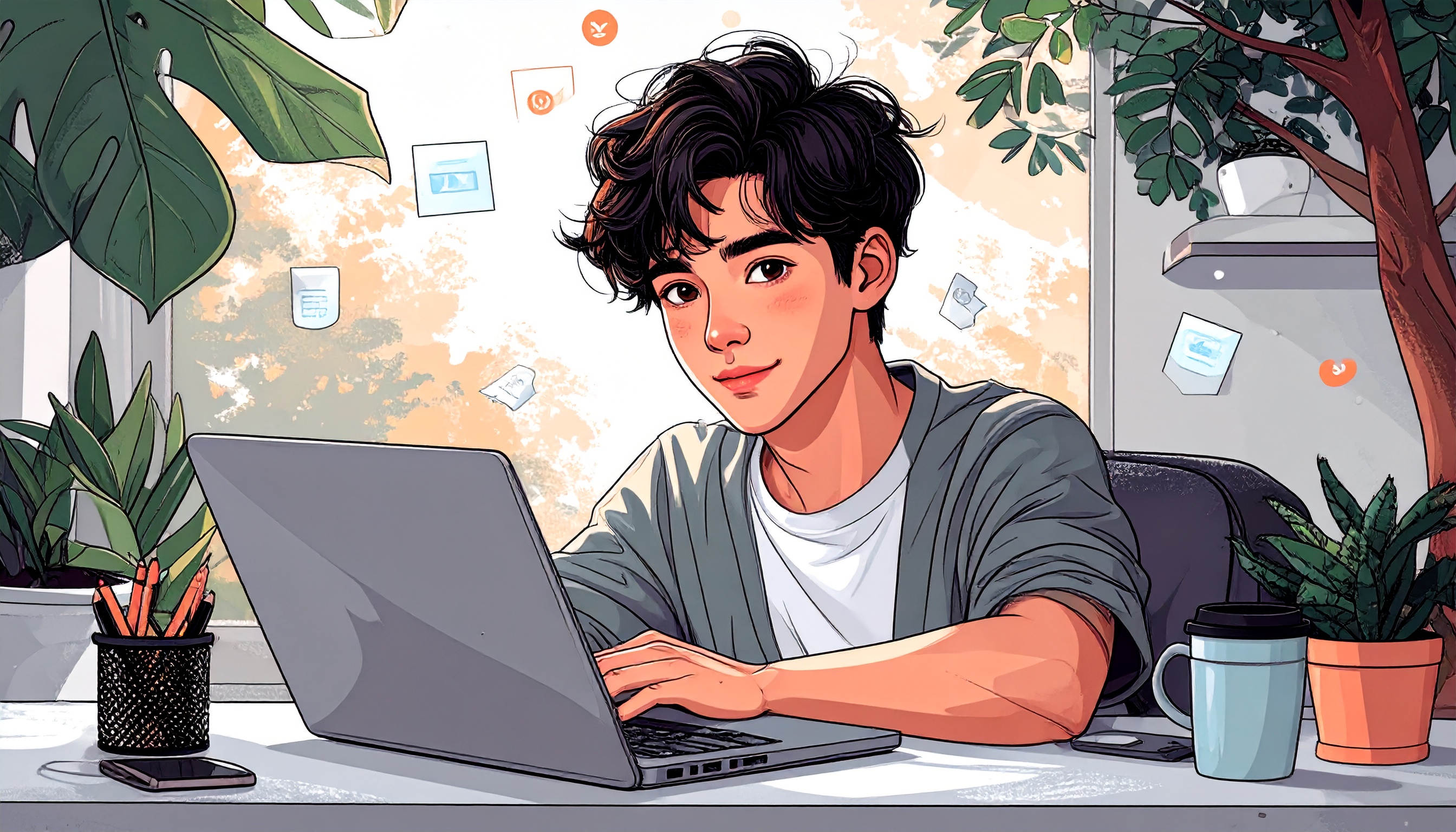 a neurodivergent person sitting at a desk with multiple open apps on a laptop and phone. Around them float icons for tasks, focus timers, and trees (Forest app), with gentle lighting and a hopeful vibe. The character looks engaged but not overwhelmed. Soft, pastel ADHD-friendly palette.