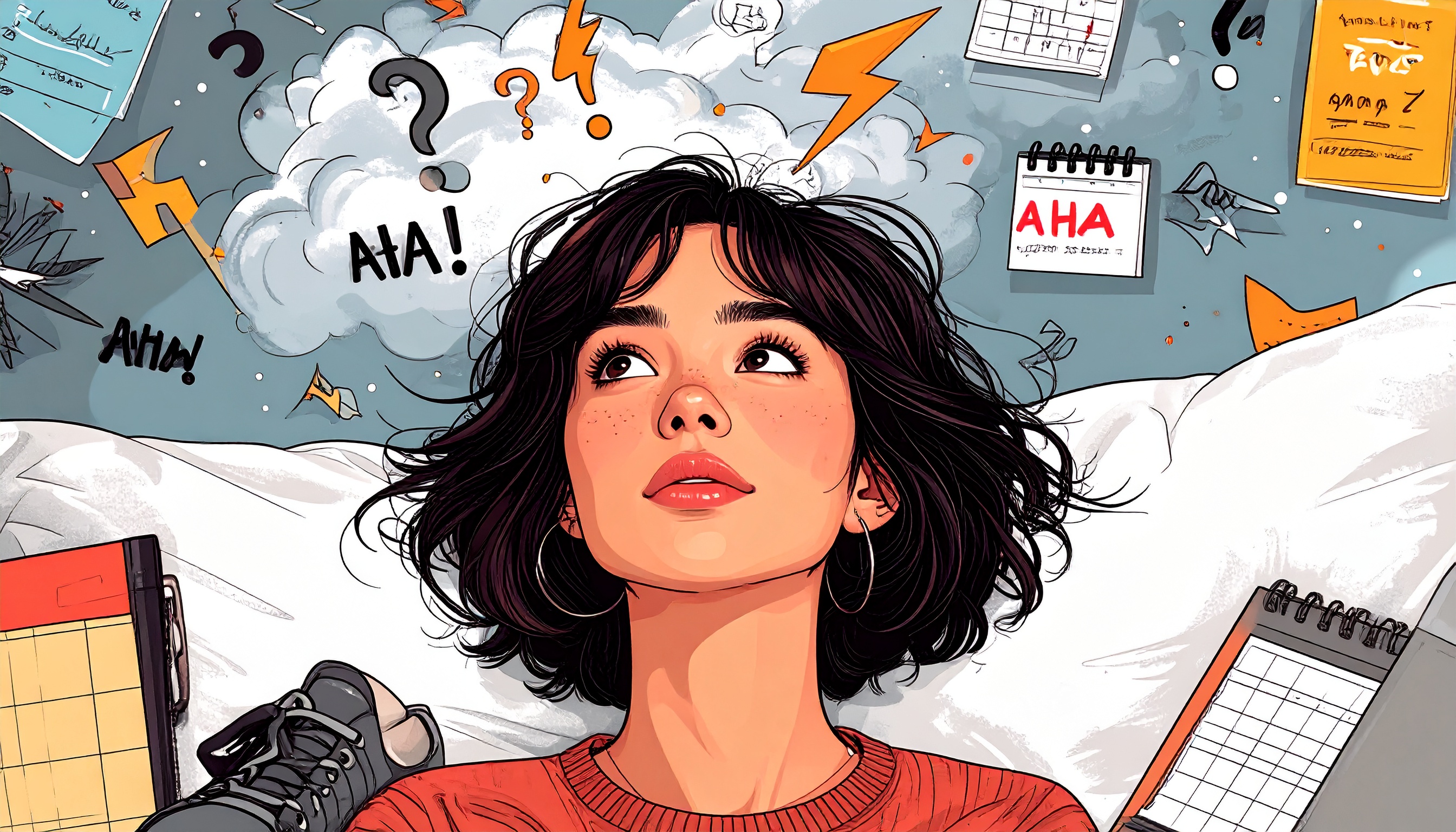 Cartoon of a thoughtful person surrounded by symbols of ADHD like half-done tasks and floating question marks. Their expression shows a moment of realisation, representing undiagnosed ADHD discovery.