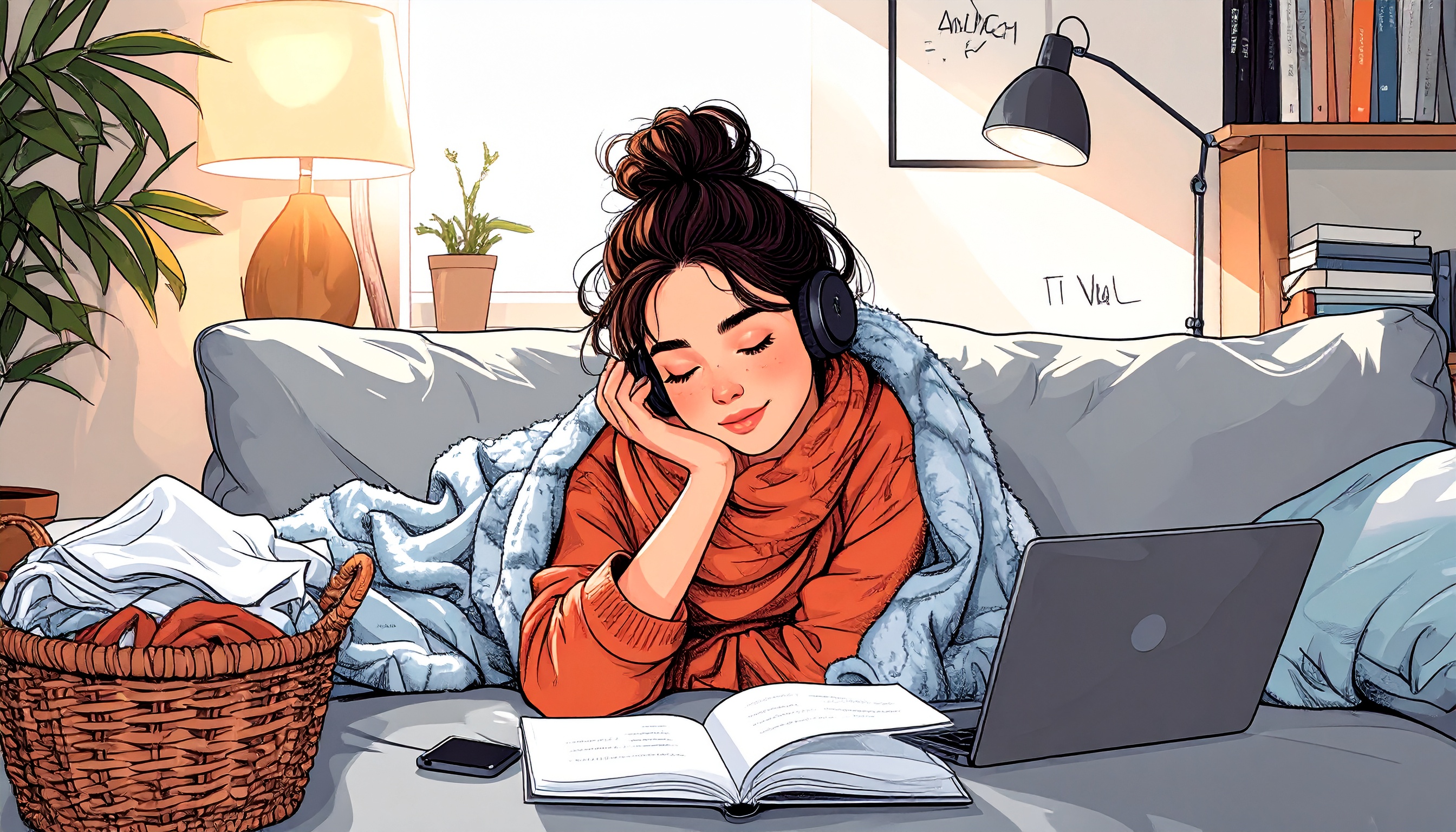 Cartoon of a person resting on the couch with cosy surroundings, gently engaging in small tasks like tidying or listening to audio. The image represents low-energy productivity and ADHD-friendly pacing.