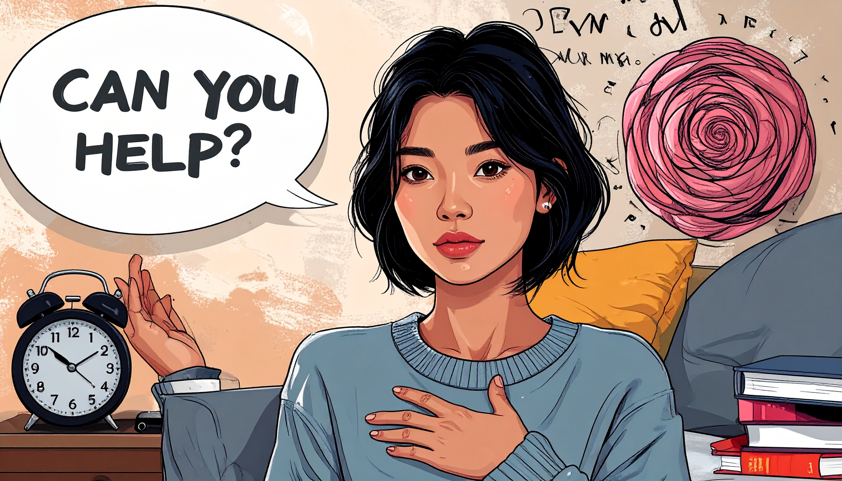 a person with ADHD hesitating in front of a request (speech bubble from someone saying “Can you help?”). Their internal world is visualised behind them: a spiral of guilt, fear, and rejection sensitivity on one side, and calm affirmations like “I’m protecting my energy” on the other. They’re gently putting a hand on their chest with a thoughtful, slightly anxious expression. Soft, warm tones with psychological depth.