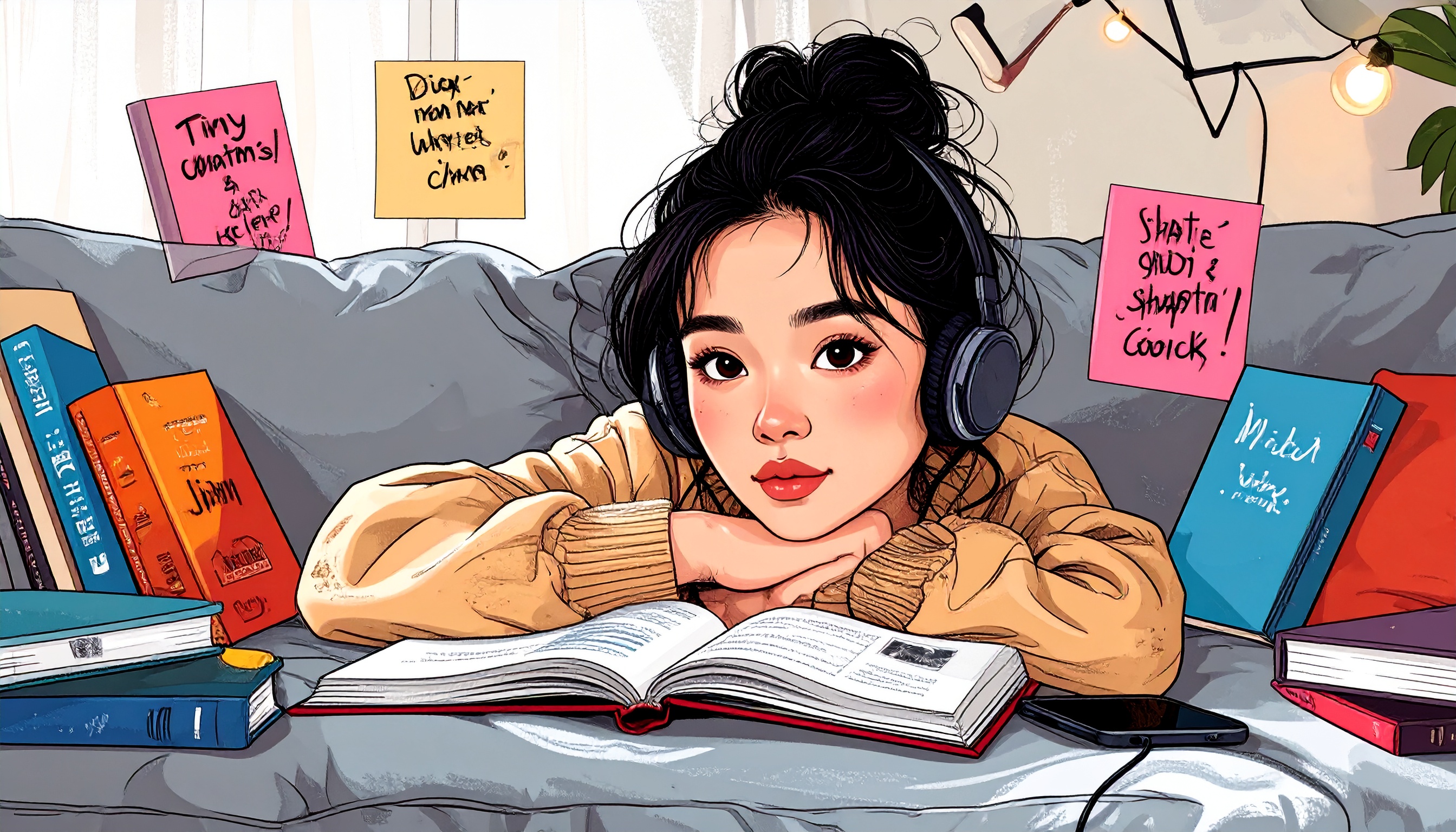 a person with ADHD lying on a sofa, surrounded by colourful book covers, an open audiobook app, and sticky notes with fun doodles like “tiny wins!” and “chapter 3 didn’t suck!” Include a few books floating above their head with silly ADHD labels (“didn’t make me cry,” “short chapters,” “not boring”). Cosy, soft vibe with warm colours and a sense of curiosity.