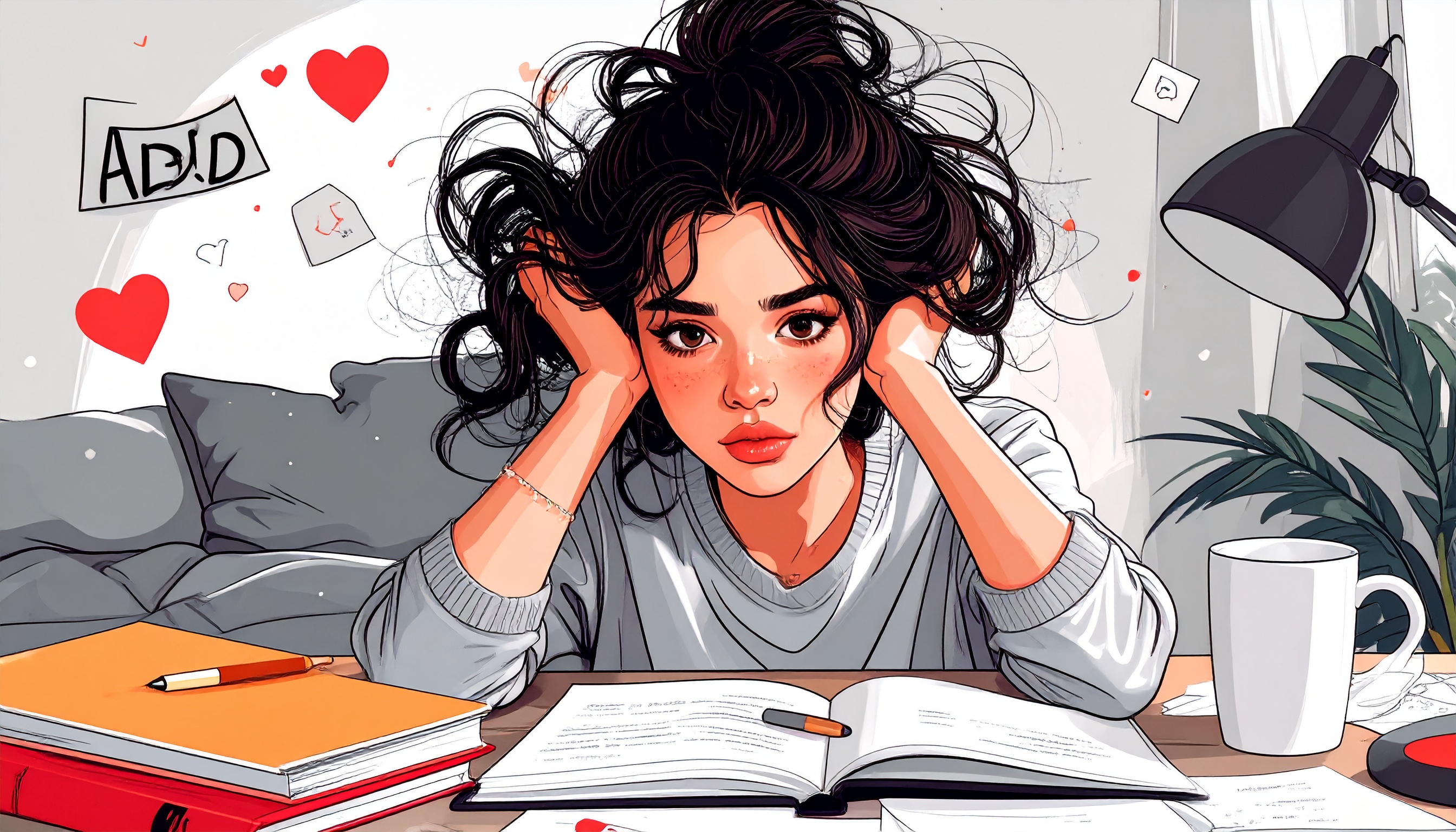 Cartoon of a person with ADHD sitting at a cluttered desk, surrounded by negative symbols of the ADHD shame spiral (guilt, self-doubt, failure). The image shows emotional overwhelm but also includes a calming background element.