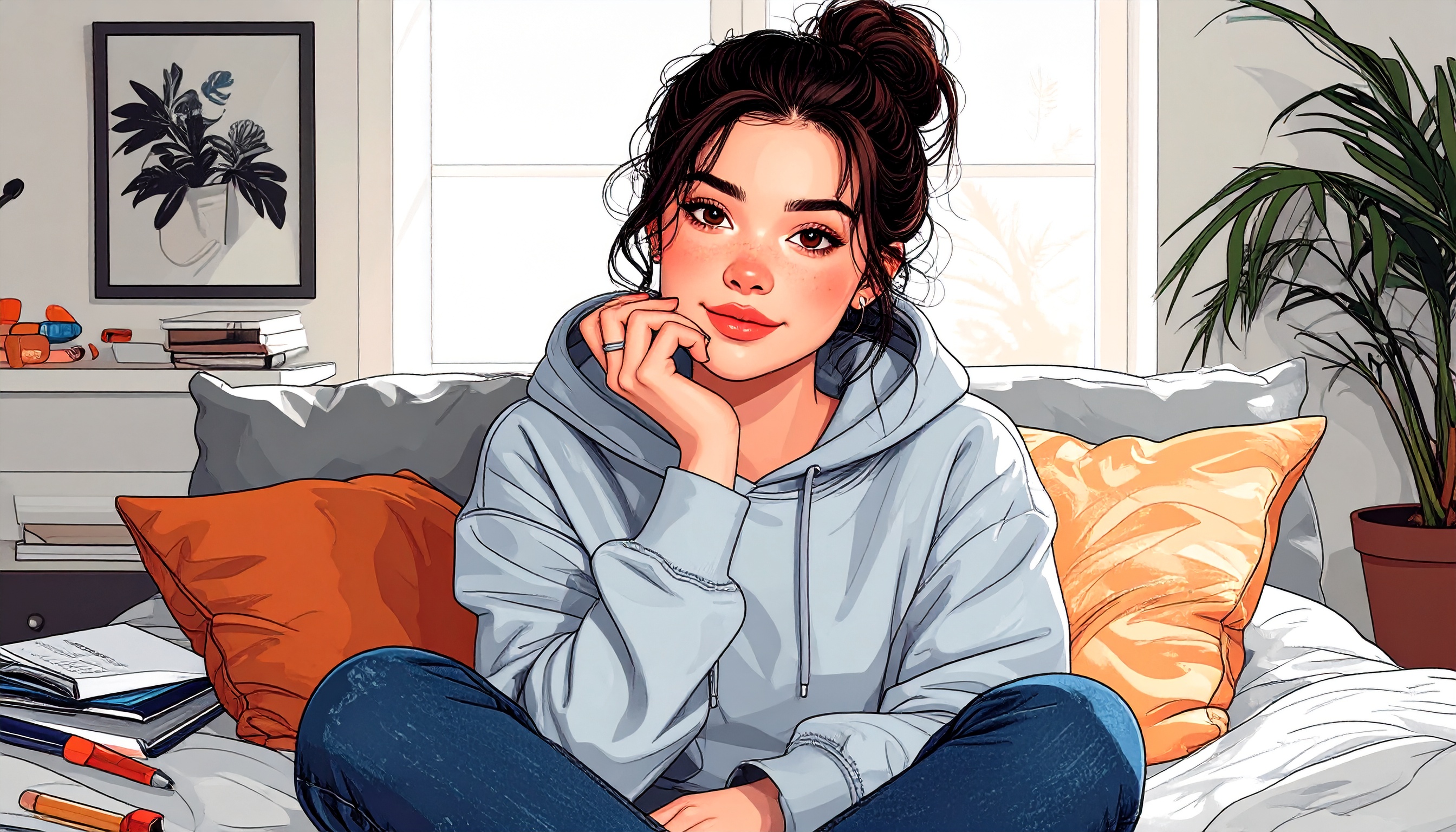 Cartoon of a person casually stimming through finger tapping, leg bouncing, and hoodie twirling. The mood is calm and validating, showing stimming as a normal, comforting part of daily life.