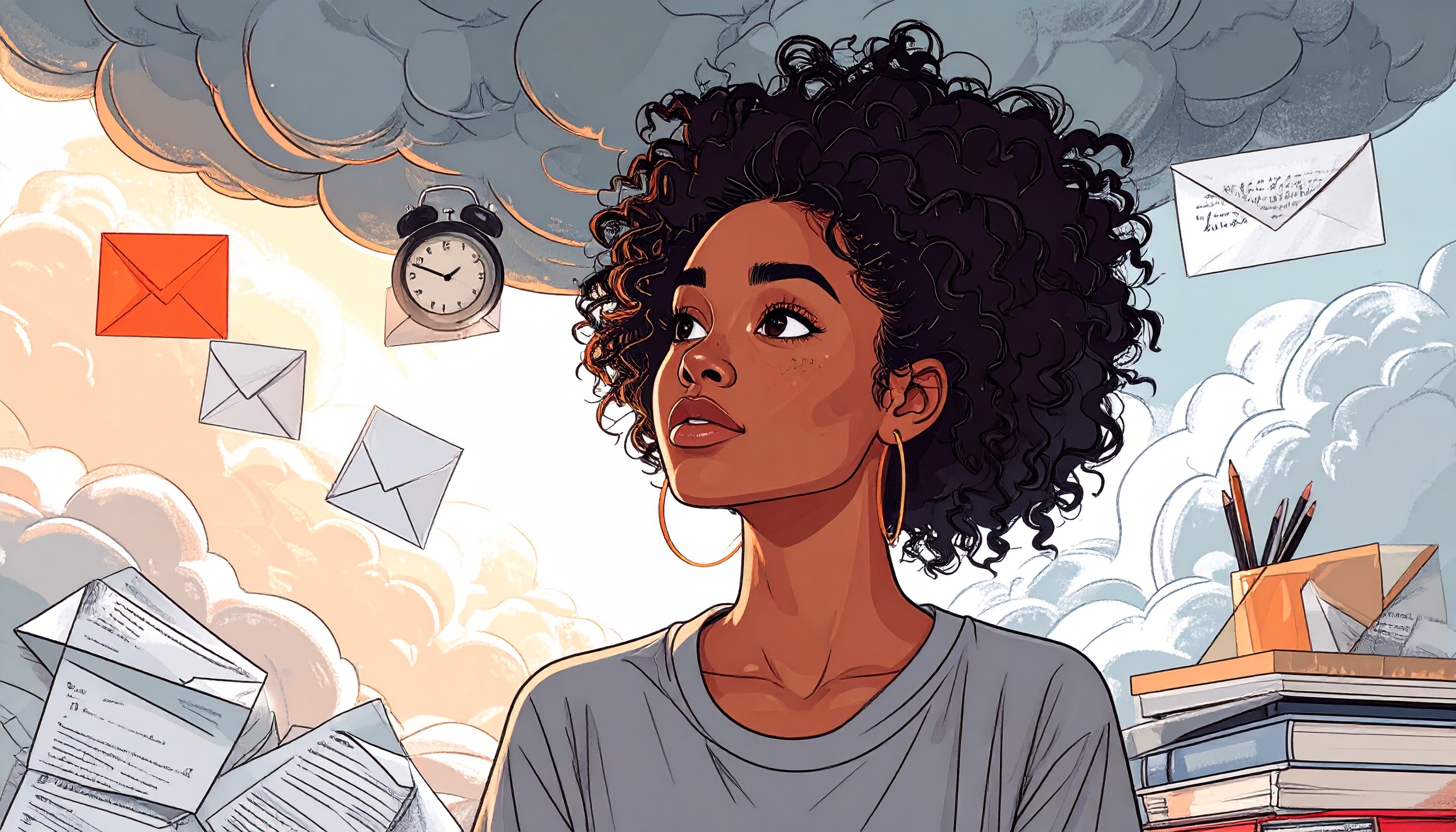 a person with ADHD standing in a world of exaggerated rejection symbols—crumpled letters, missed text messages, and stormy thought bubbles of self-doubt and fear. The person looks overwhelmed, standing under a dark cloud of rejection sensitivity (RSD), while soft light filters in from the side, showing a hint of hope and self-compassion. The scene is filled with dramatic contrast between emotional overwhelm and the possibility of release.