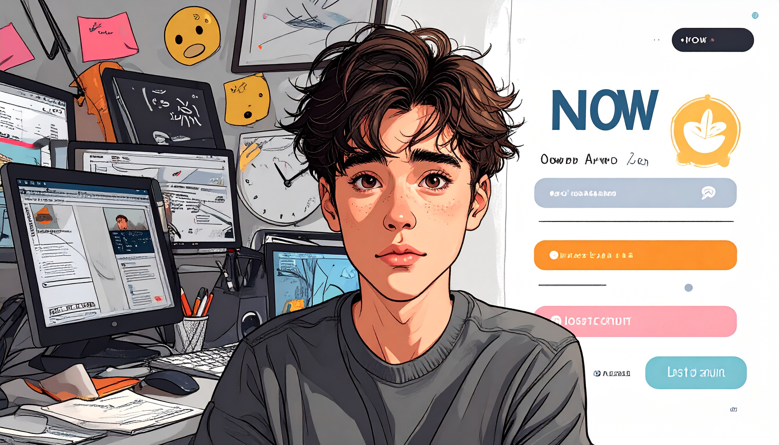 a person with ADHD staring at a chaotic Notion workspace with multiple open dashboards and tabs, looking slightly panicked. In the second panel (or side-by-side), they’re calm in front of a minimalist “NOW” page with only three links and a timer. The background includes visual anchors: emojis, sticky notes, a “Lost & Found” page icon. Colourful but clean; expressive and warm, not cluttered.