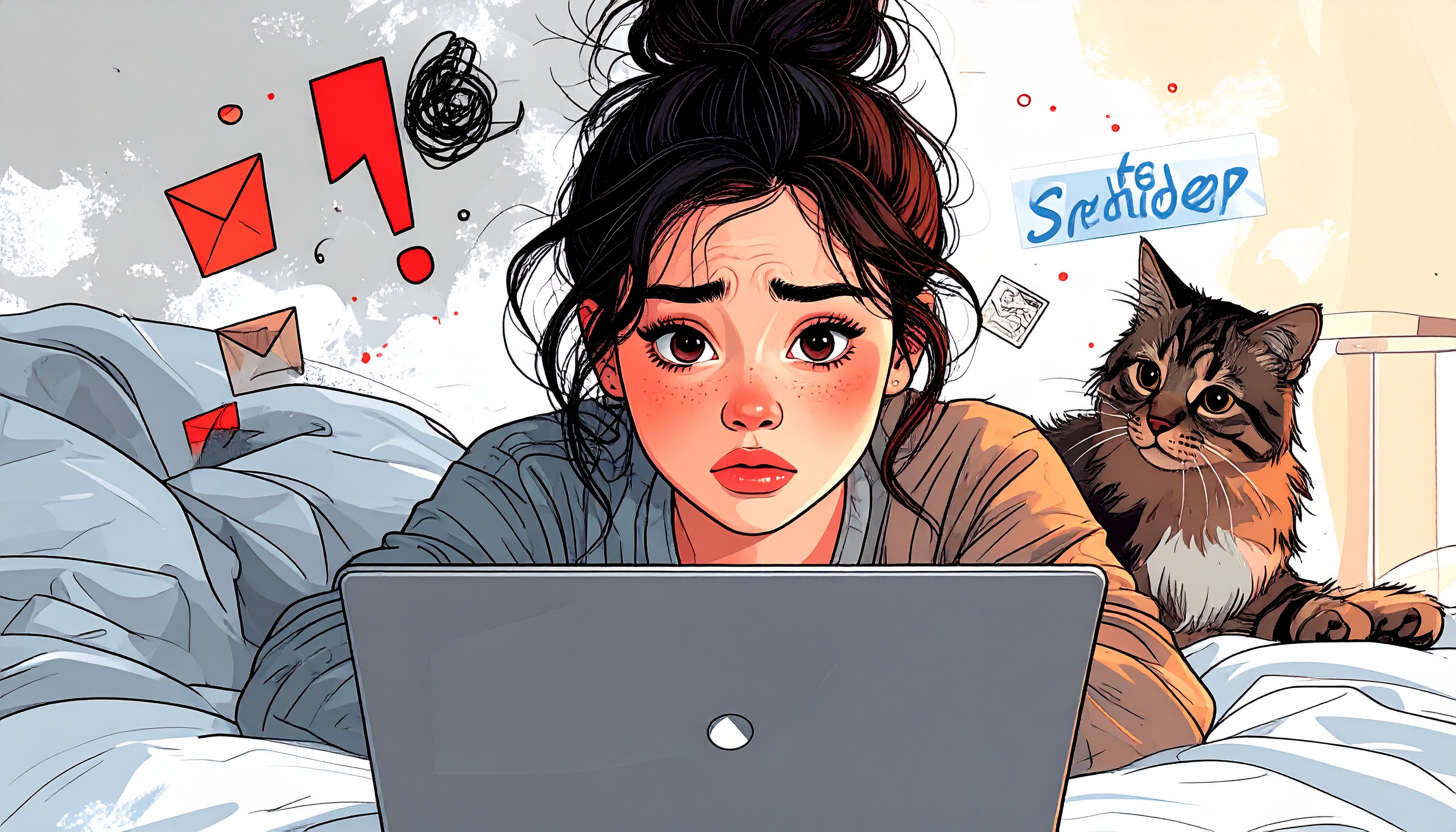 a person with ADHD staring at an email on their laptop, visibly overwhelmed—cheeks flushed, eyebrows raised in panic. Floating around them are exaggerated symbols of spiralling thoughts (e.g., thunderclouds, red exclamation marks, tiny rejection notes). A pet or friend in the background holds a “Safe Decoder” phone, showing emotional support. Use warm colours with emotional expression, not distress.