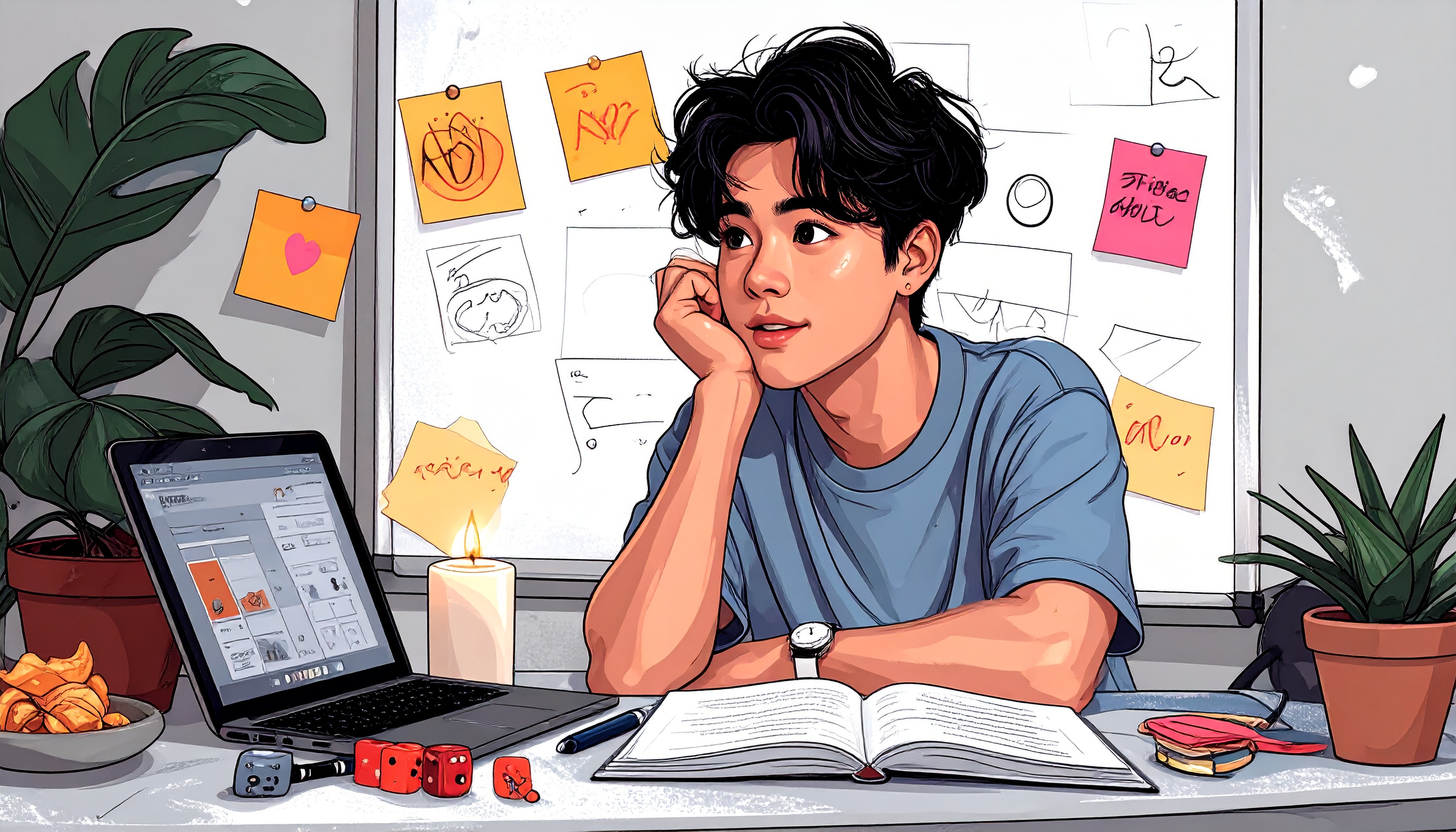 a person with ADHD studying creatively: standing at a whiteboard, talking to a plant or stuffed animal, surrounded by fun, practical tools (dice, snacks, a visible timer, and oversized sticky notes). There's a candle, lo-fi music icon, and a laptop showing spaced recall flashcards. Their environment looks playful, colourful, and clearly not “traditional.” Make it warm and dopamine-friendly.