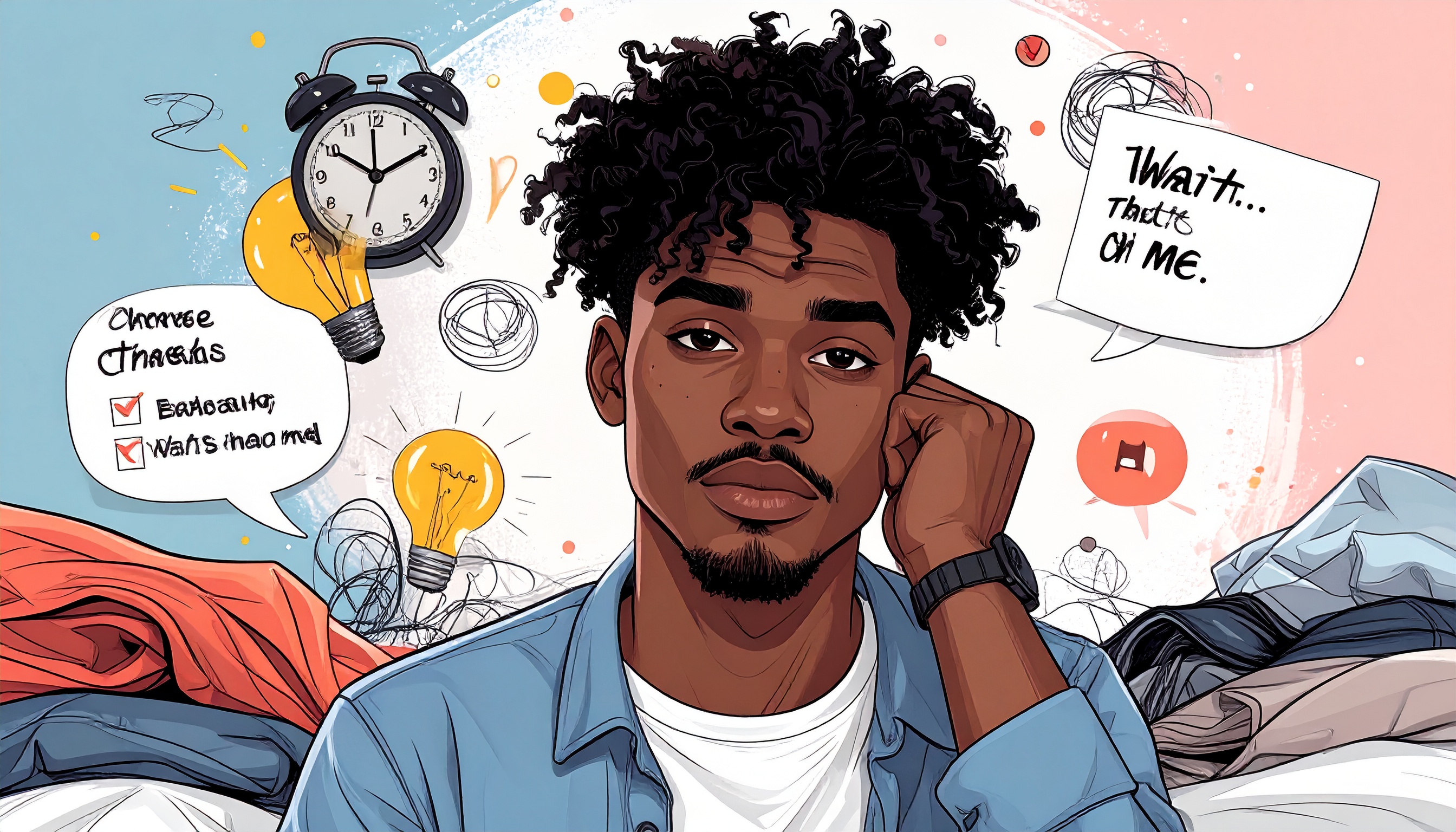 A person with ADHD surrounded by floating checklist items—some are strengths (like creativity, crisis mode, dot-connecting) and some are struggles (time blindness, emotional whiplash, outfit paralysis). Their facial expression is a mix of confusion and “wait… that’s me.” Background is playful, with doodles like clocks, tangled lines, light bulbs, and speech bubbles. Colours should be vibrant but slightly chaotic.