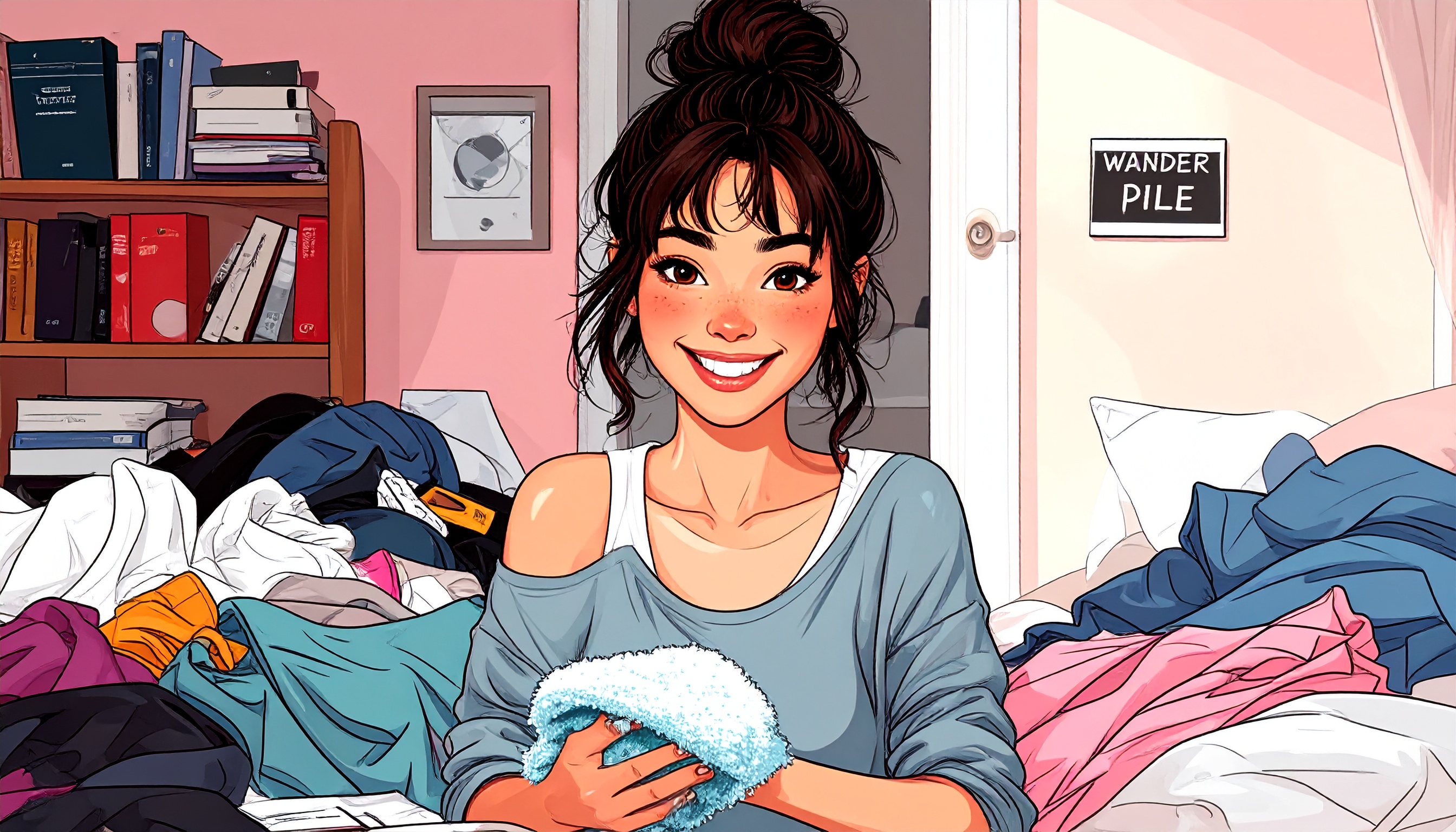 cheerful, slightly frazzled neurodivergent female in a cosy room. Half the room is visibly messy (laundry piles, books, scattered objects), while the other half is sparkling clean and tidy. A small sign near the door says “Wander Pile 🧺.” The character is smiling in satisfaction, holding a sponge or dust cloth, with visual contrast between chaos and calm. Soft pastel colours, ADHD-friendly, warm and hopeful atmosphere.