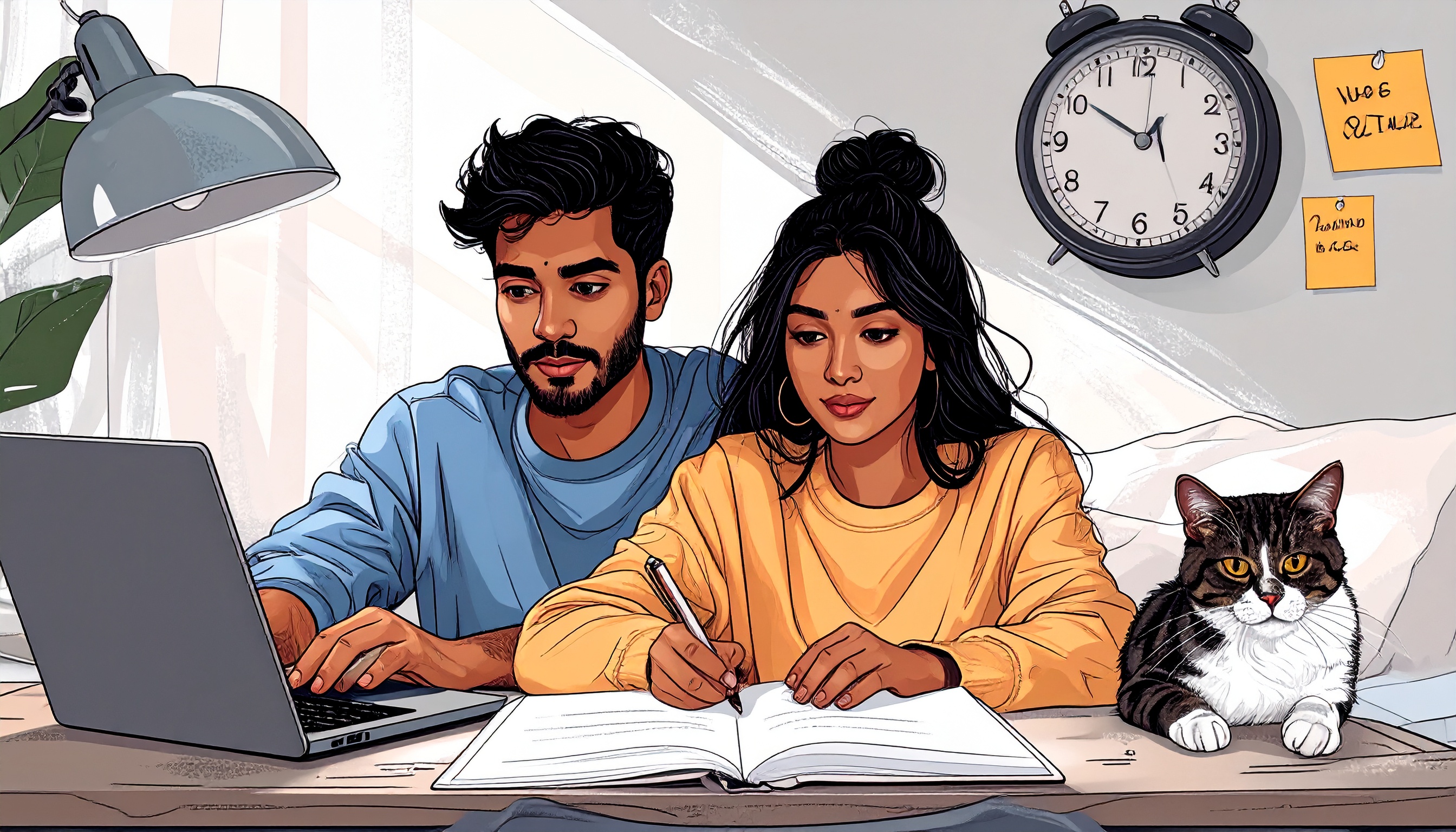 two people sitting side-by-side at a table—one is typing on a laptop, the other reading or drawing. They’re not interacting, but there’s a calm, supportive energy between them. Around them: soft lighting, scattered to-do lists, and a clock showing time passing. Optionally, show a pet nearby or a virtual version on screen (Zoom call or YouTube “study with me”). Colours are soft, ADHD-friendly, and the tone is peaceful and focused.